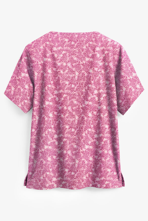 Butter-Soft Tonal Damask Ballet Pink Women's 2-Pocket V-Neck Print Scrub Top - null - 2