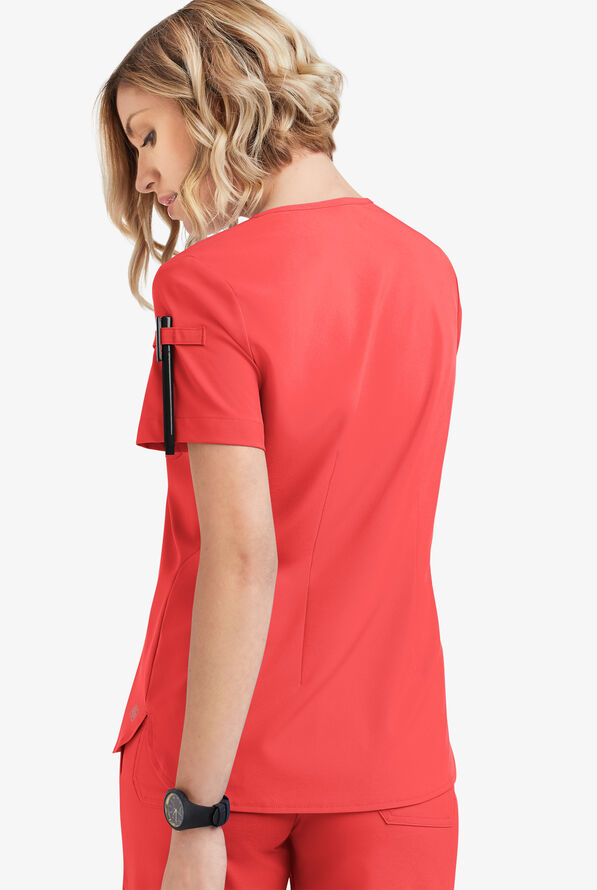 Easy STRETCH Nikki Women's 1-Pocket Scallop Neck Tuck-In Scrub Top - Radiant Red - 4
