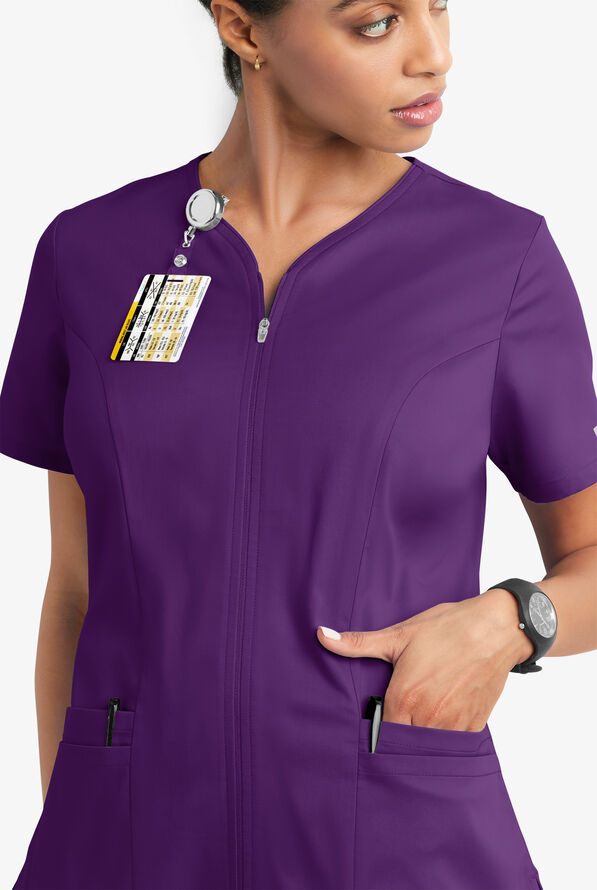 Butter-Soft STRETCH Women's 4-Pocket Smooth Face Zipper Scrub Top - Eggplant - 3