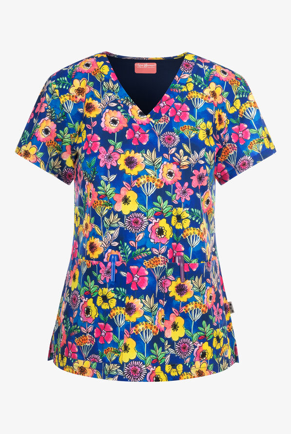 Zavate Ava Therese Full of Florals Women's 2-Pocket STRETCH V-Neck Print Scrub Top - null - 1