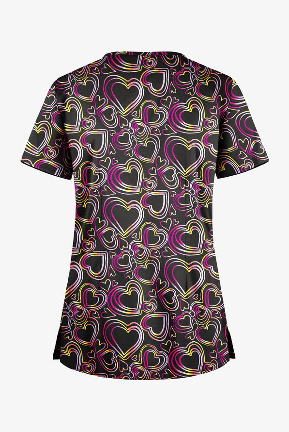 Butter-Soft STRETCH Black Neon Hearts  Women's 1-Pocket Tuck-In V-Neck Print Scrub Top - null - 2