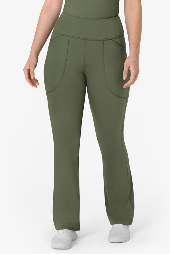 Wink Renew Knit Women's 5-Pocket STRETCH Yoga Waist Flare Leg Scrub Pants - Olive - 1
