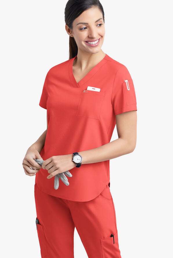 Blusa m&eacute;dica Easy STRETCH Chloe con cuello en V y 3 bolsillos para mujer - Spiced Coral - 3