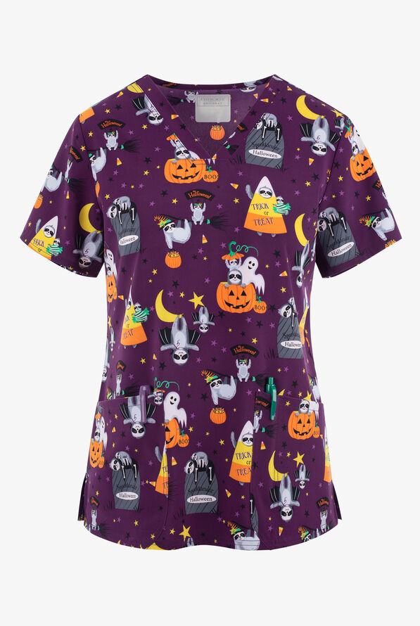 Cherokee  Genuine Spooktacular Sloths Women's 2-Pocket STRETCH V-Neck Print Scrub Top - null - 1
