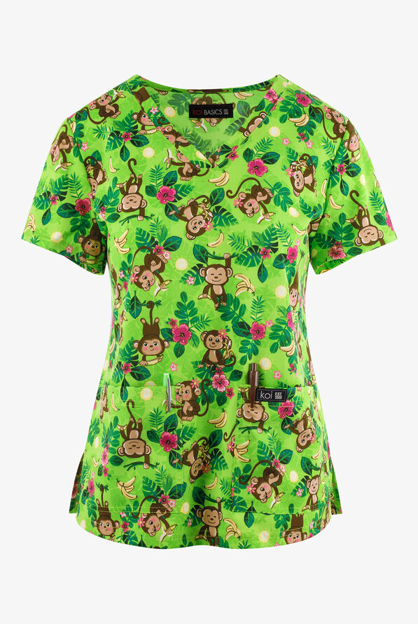koi Basics  Monkey Business Whimsical Women's 2-Pocket STRETCH V-Neck Print Scrub Top - null - 1