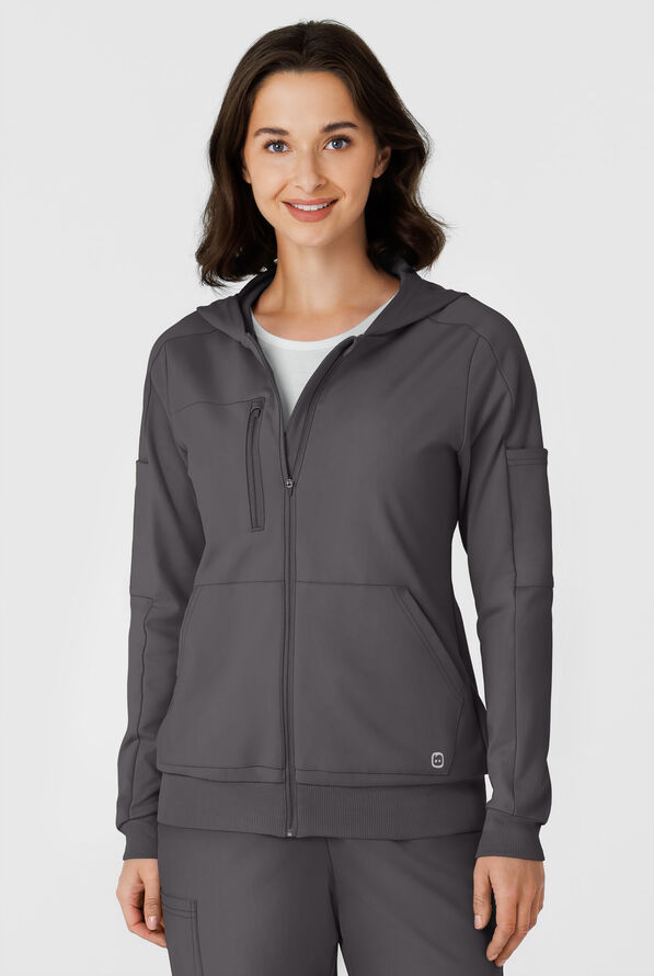 Wink Renew Knit Women's 4-Pocket STRETCH Front Zip Scrub Hoodie Jacket - Pewter - 3