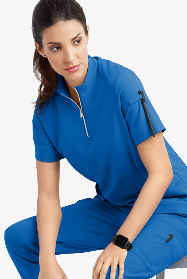 Easy STRETCH Jen Women's 4-Pocket Zip-Neck Short Sleeve Scrub Top - Royal - 7
