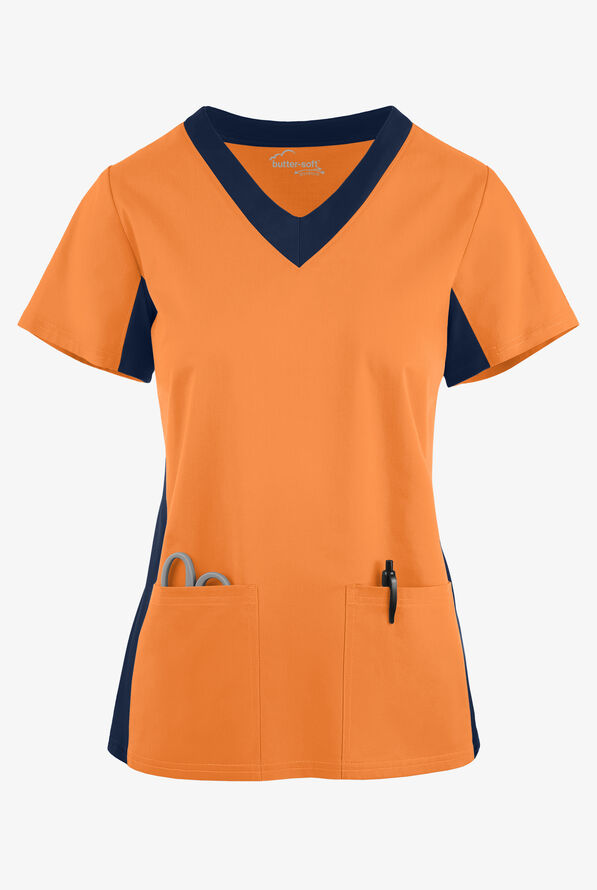 Butter-Soft STRETCH Women's 3-Pocket Contrast Scrub Top - Apricot Crush/Navy - 1