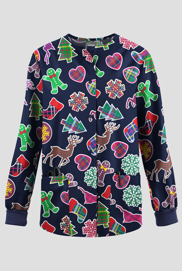 Butter-Soft Originals Christmas Tartan Navy Women's 2-Pocket Warm-Up Print Scrub Jacket - null - 1