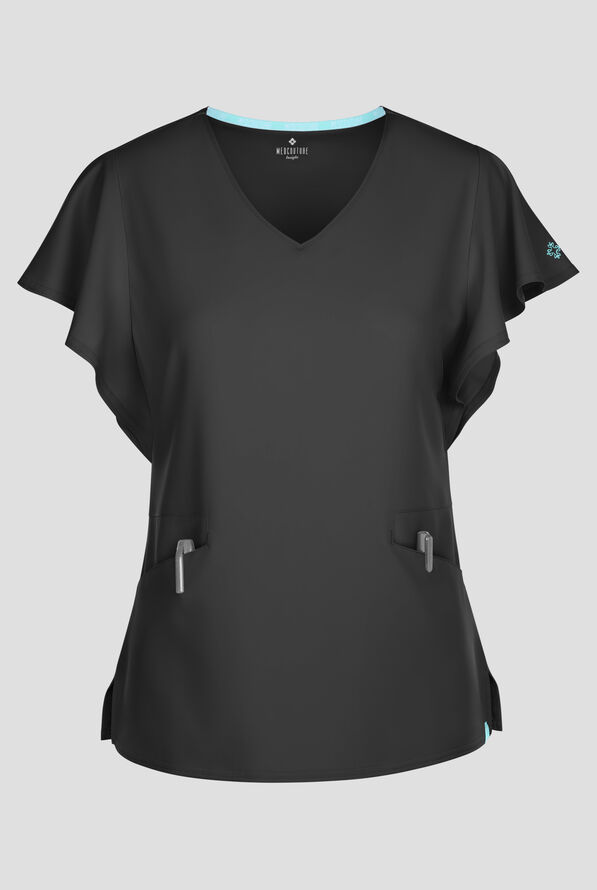 Med Couture Insight Women's 2-Pocket Flutter Sleeve V-Neck Scrub Top - Black - 1