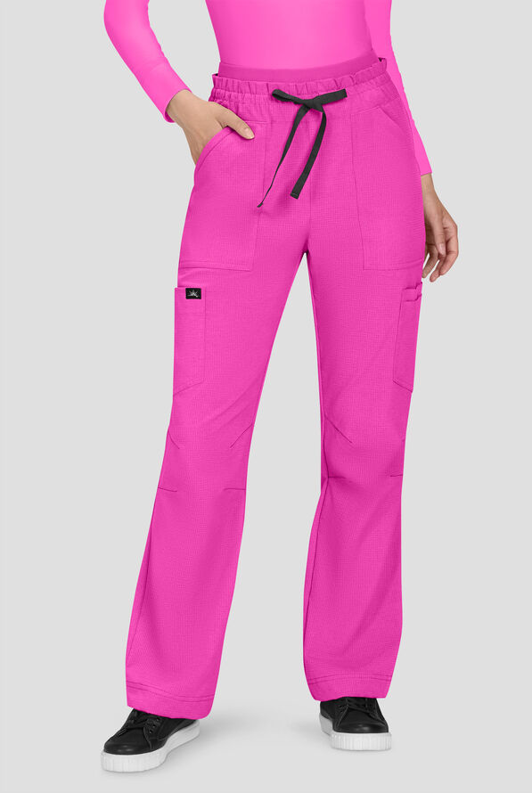 koi Solis Freda Women's 8-Pocket STRETCH Rib-Knit Double Waist Straight Leg Cargo Scrub Pant - Hibiscus - 1