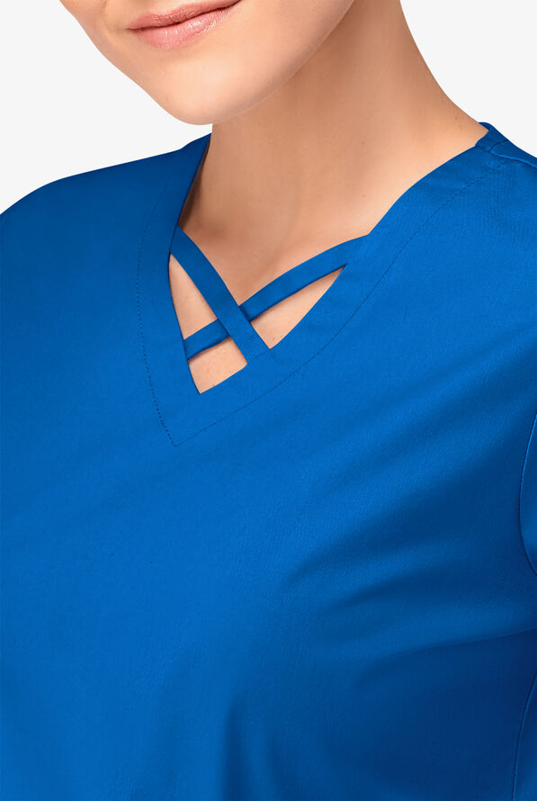 Blusa médica UA Butter-Soft STRETCH con lazos entrecruzados y 4 bolsillos para mujer - Royal - 3
