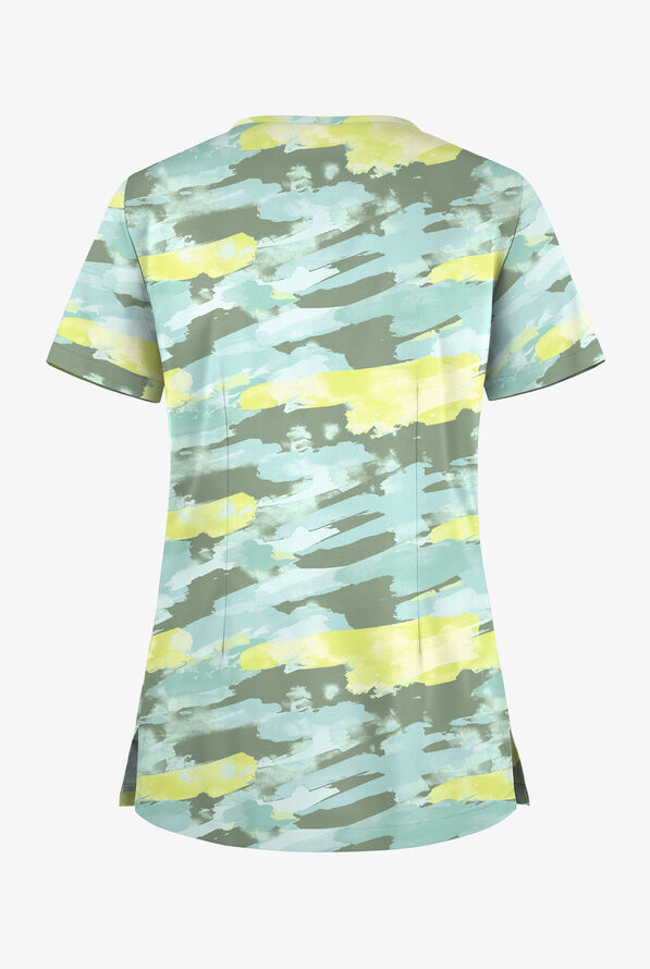 Butter-Soft STRETCH Marbled Camo Salt Blue Women's 1-Pocket V-Neck Print Scrub Top - null - 2