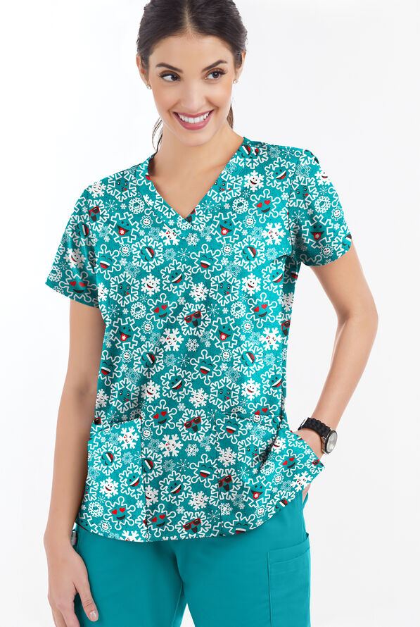 Butter-Soft Smiling Snowflakes Teal Women's 4-Pocket Rounded V-Neck Print Scrub Top - null - 2