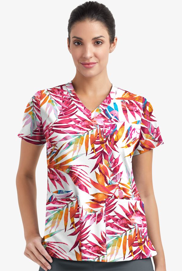 Easy STRETCH Watercolor Tropical Women's 2-Pocket Mitered V-Neck Print Scrub Top - null - 2