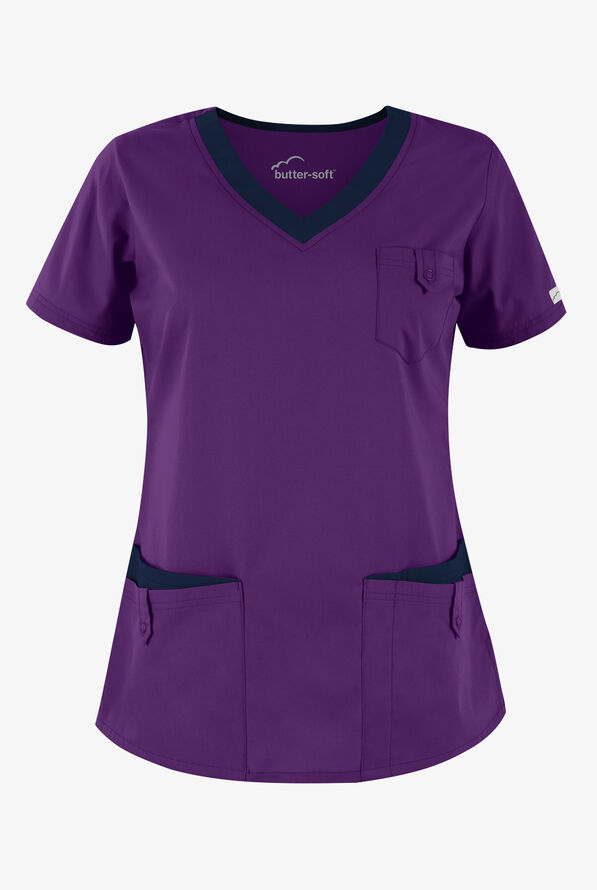 Butter-Soft Core Women's 5-Pocket Rounded V-Neck Scrub Top - Eggplant/Navy - 1