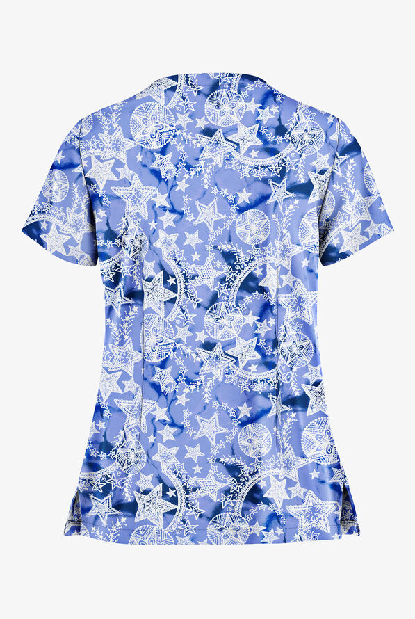Butter-Soft Cosmic Stars Ceil Women's 2-Pocket Key-Hole Neck Detailed Print Scrub Top - null - 2