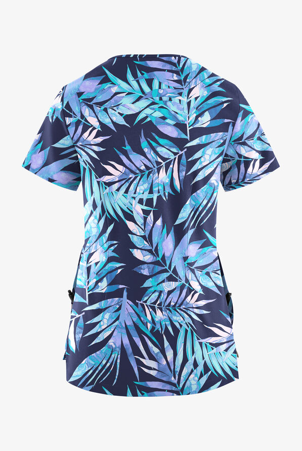 Easy STRETCH Watercolor Tropical Women's 3-Pocket High Low V-Neck Print Scrub Top - null - 2