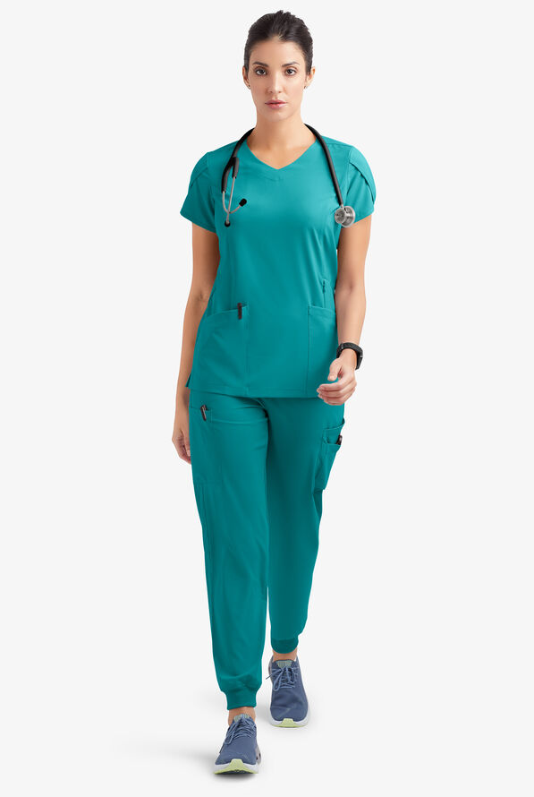 Easy STRETCH Daisy Women's 4-Pocket V-Neck Scrub Top with Petal Sleeves - Teal - 2