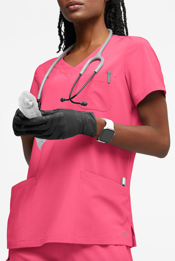 Easy STRETCH Tessa Women's 5-Pocket V-Neck Scrub Top - Strawberry Fizz - 2