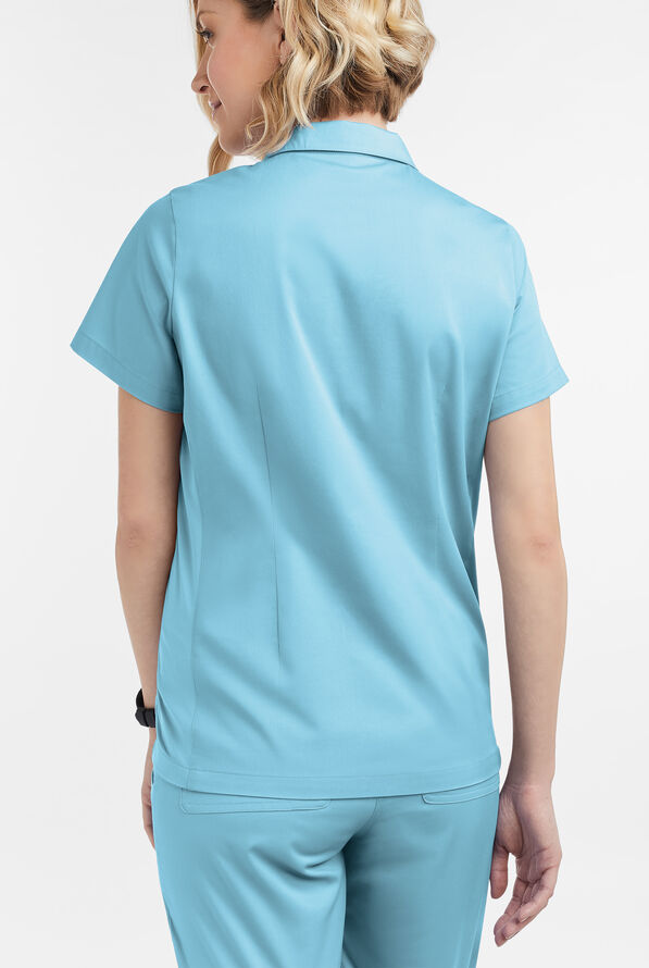 Butter-Soft STRETCH Women's 3-Pocket Short Sleeve Collar and Knit Panels Scrub Top - Poolside View - 4