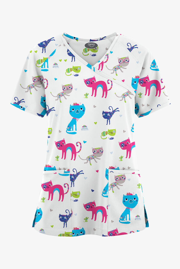 Happy Scrubs Friendship Women's 3-Pocket Raglan Sleeve Mock Wrap Print Scrub Top - null - 1