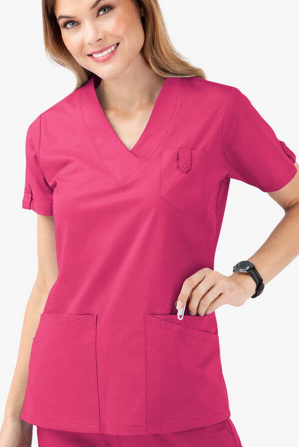 Blusa m&eacute;dica Butter-Soft STRETCH con cuello en V y 6 bolsillos para mujer - Fuchsia - 5