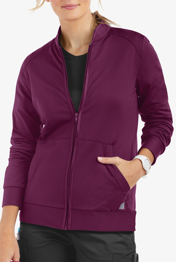 Butter-Soft STRETCH Women's 2-Pocket Technical Knit Zip Front Scrub Jacket - Wine - 2