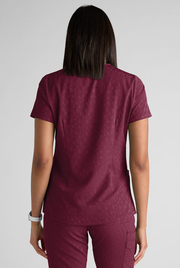 Easy STRETCH Lina Women's Jacquard 4-Pocket V-Neck Scrub Top - Wine - 5