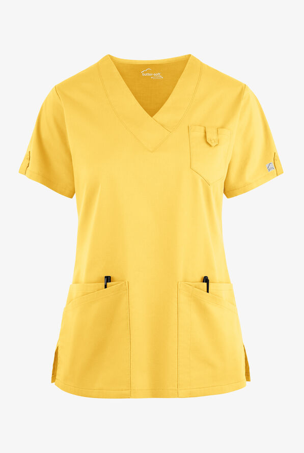 Butter-Soft STRETCH Women's 6-Pocket V-Neck Scrub Top - Pineapple - 1