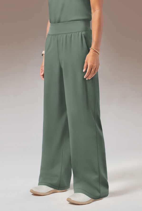 Hypothesis Y-Band Women's 6-Pocket Yoga-Style Knit Waist Wide Leg Scrub Pant - Petite - Mineral - 3