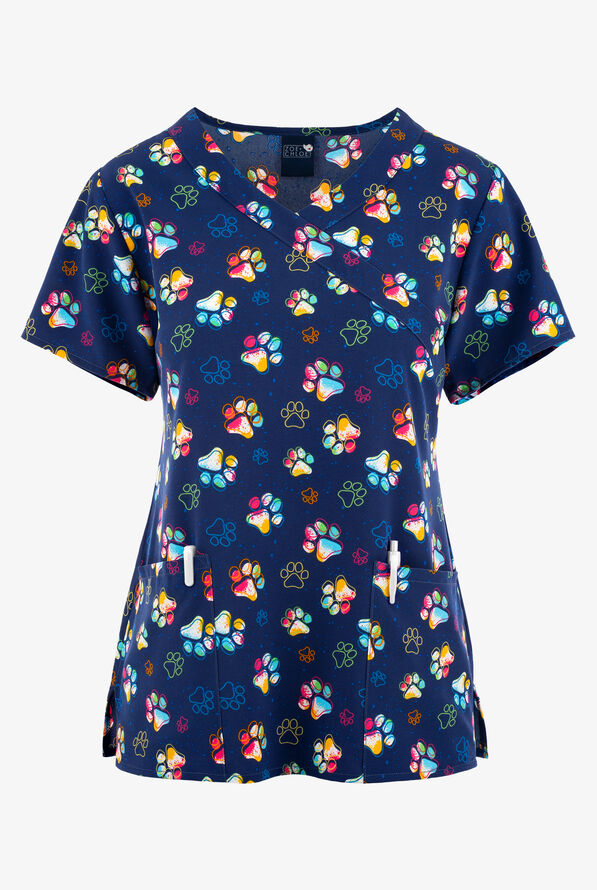 Zoe Chloe Pawcentric Mock Wrap Print Scrub Top, Fashion Scrubs