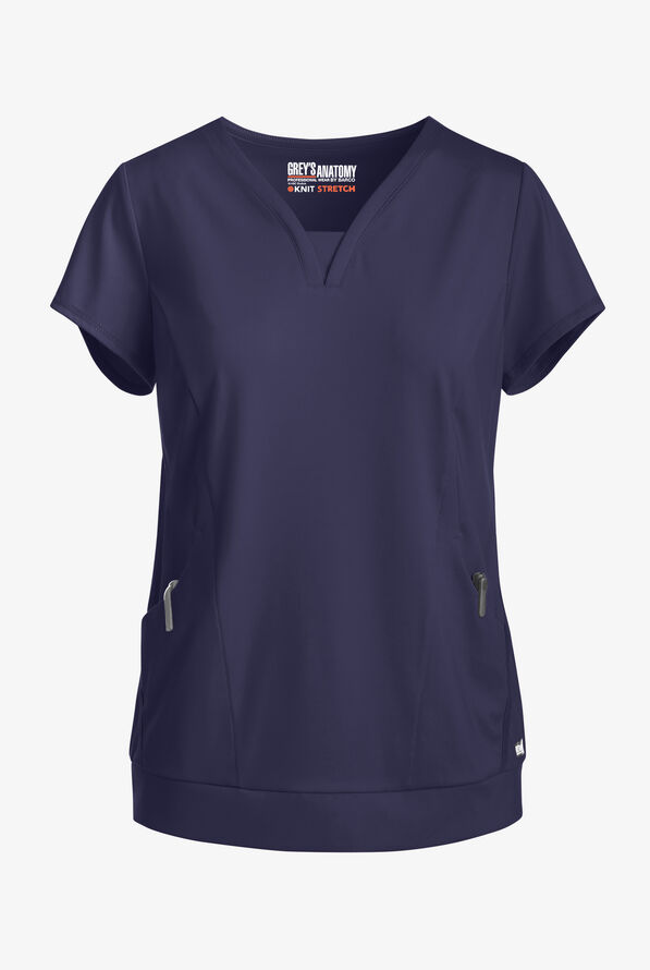 Grey's Anatomy by Barco Knit STRETCH Motivate Women's 2-Pocket Banded V-Neck Scrub Top - Indigo - 1