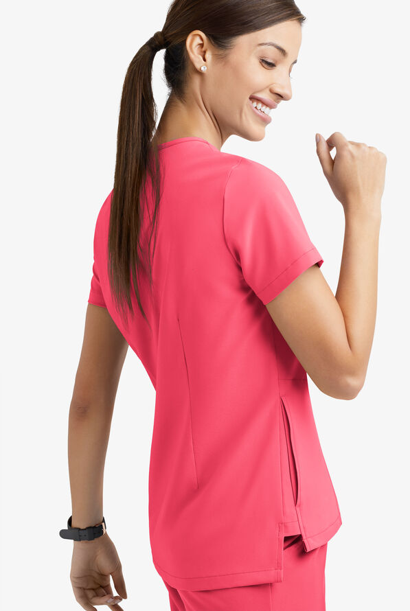 Easy STRETCH Taylor Women's 3-Pocket High Low Hem V-Neck Scrub Top - Bright Watermelon - 5