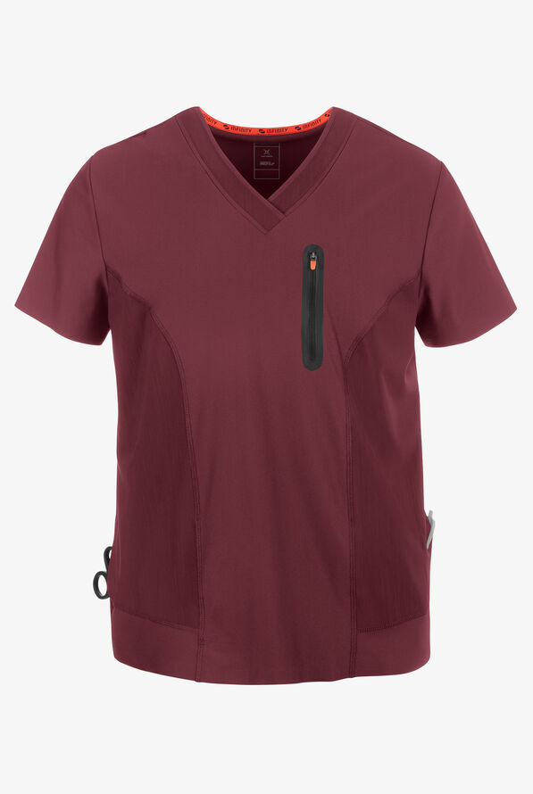 Infinity GNR8 Kinetic Knit Men's 3-Pocket STRETCH Zip Chest Pocket Crossover V-Neck Scrub Top - Plum Velvet - 1