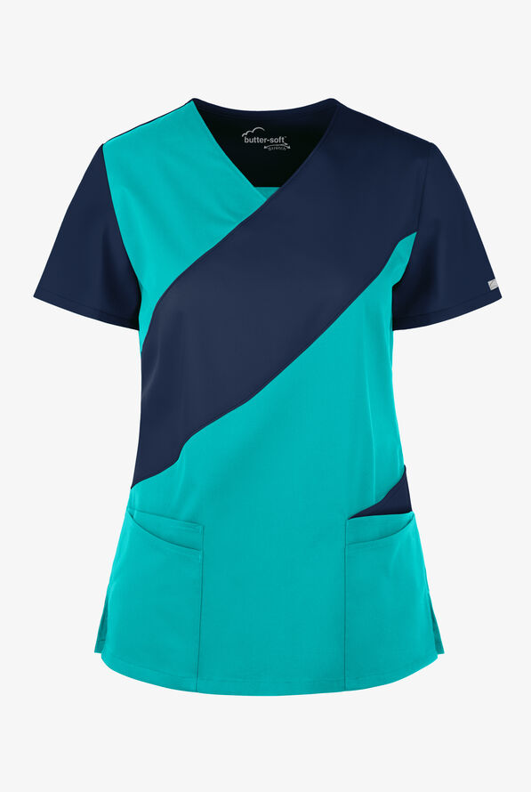 Butter-Soft STRETCH Women's 5-Pocket Asymmetric Scrub Top - Bright Teal/NavyBright Teal/Navy - 1