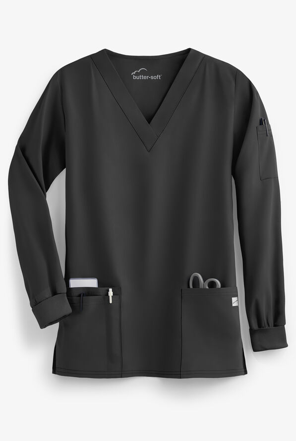 Blusa m&eacute;dica unisex Butter-Soft Core by UA&trade; con mangas largas y 5 bolsillos - Black - 1