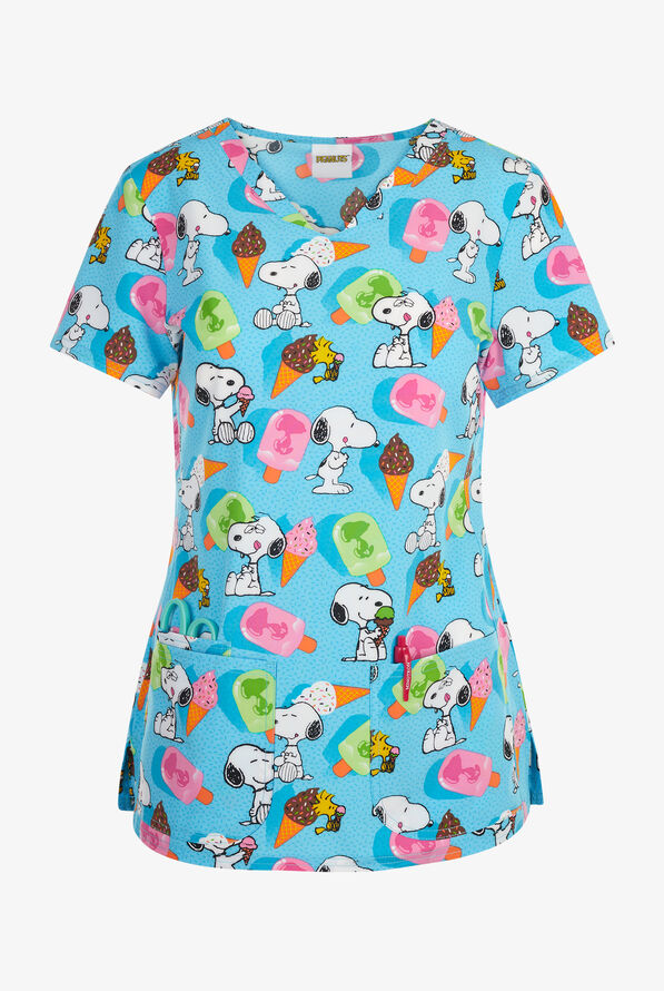 Tooniforms Peanuts Snoopy Sprinkles Women's 3-Pocket STRETCH V-Neck Print Scrub Top - null - 1