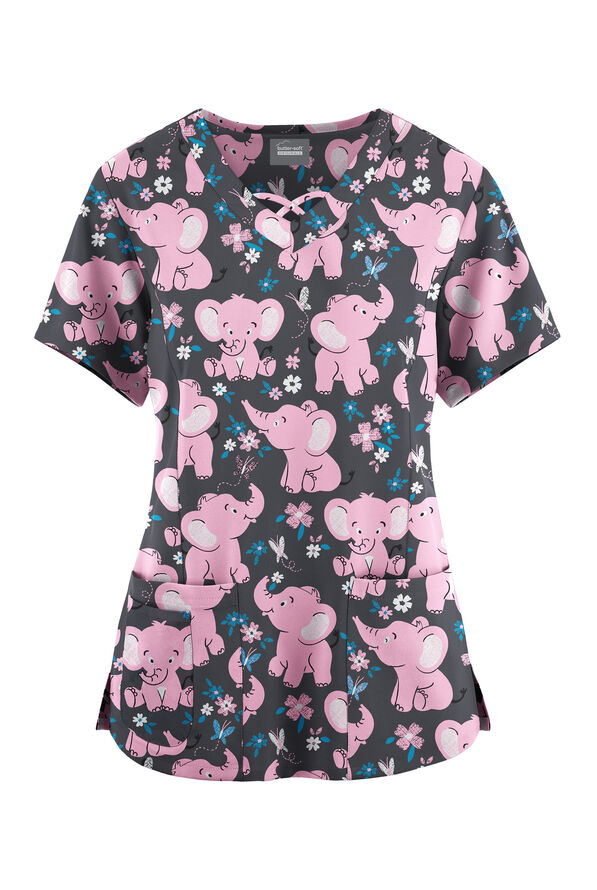 Butter-Soft Originals Playground Day Pewter Women's 3-Pocket Criss Cross Printed Scrub Top  - null - 1