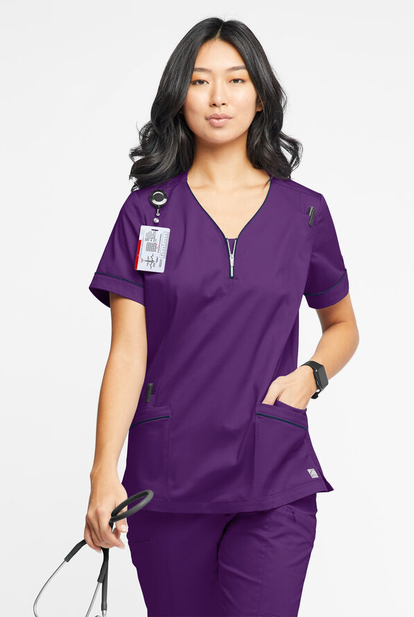Butter-Soft STRETCH Women's 5-Pocket V-Neck with Front Zipper Scrub Top - Eggplant/Navy - 2