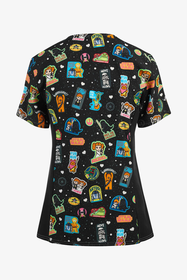Cherokee Tooniforms Star Wars Rule the Galaxy V-Neck Stretch Knit Panel Print Scrub Top - null - 2