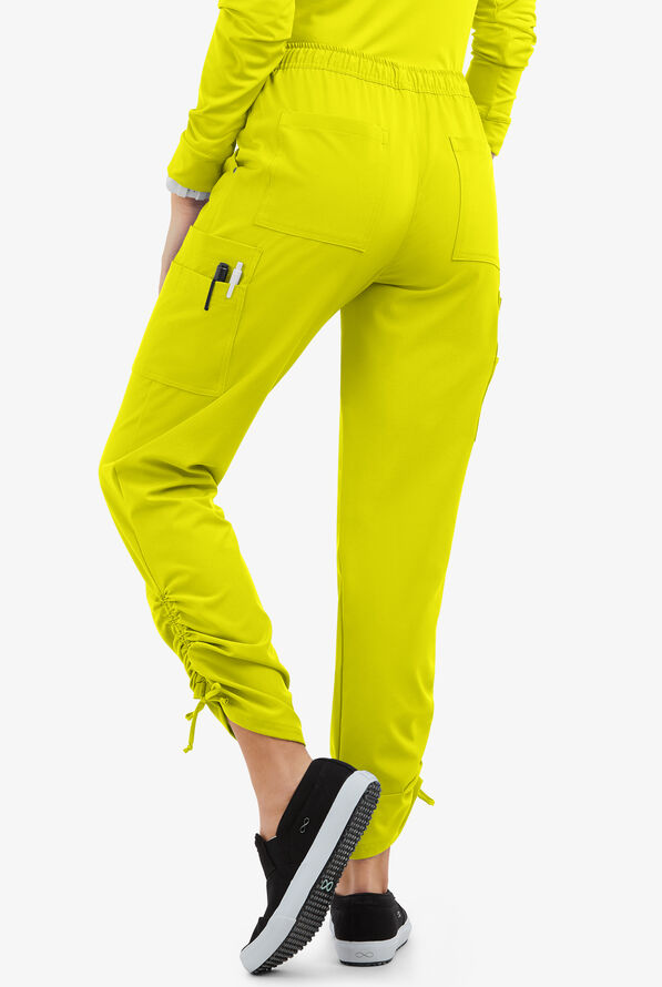 Easy STRETCH Halle Women's 11-Pocket Ruched Leg Jogger Scrub Pants - Petite - Cyber Lime - 4