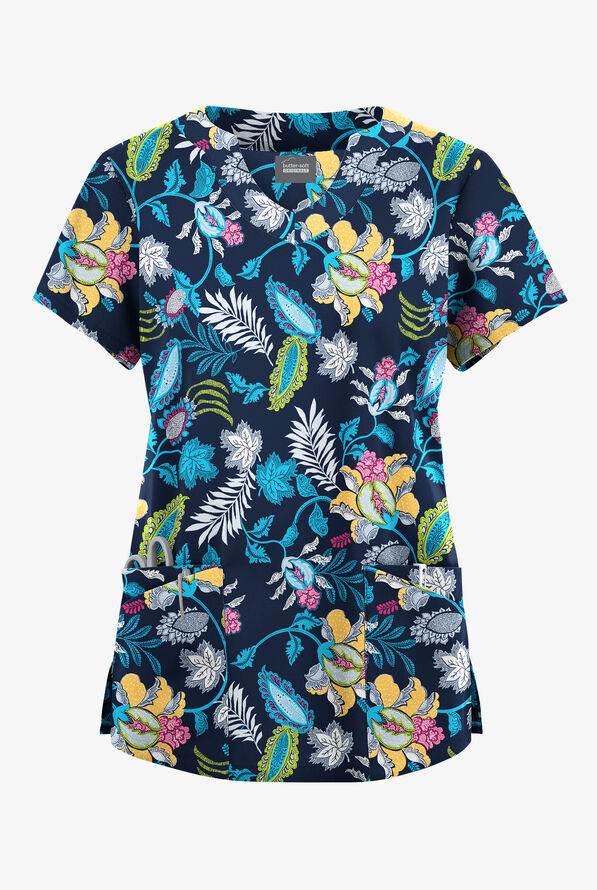 Butter-Soft Originals Imperial Jacobean Navy Women's 6-Pocket Scallop Neck Print Scrub Top - null - 1