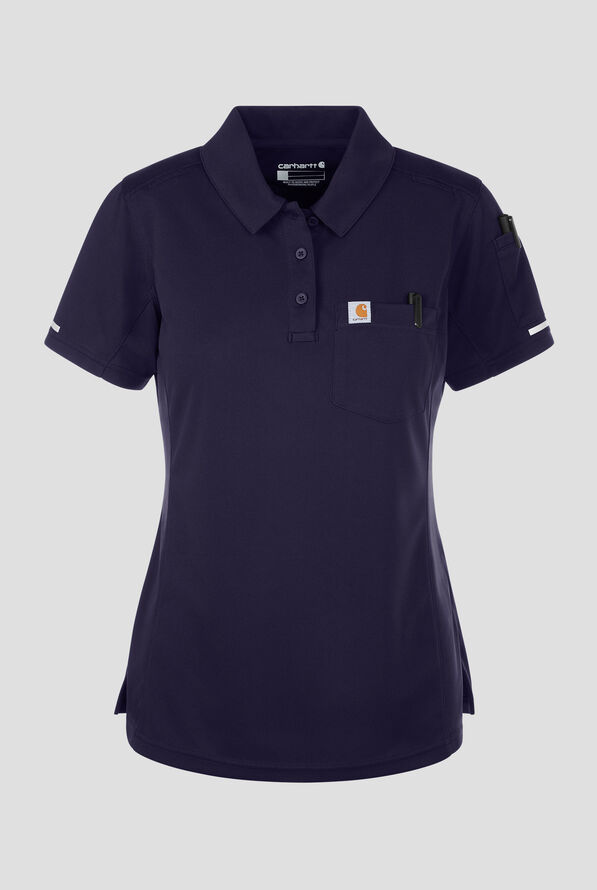 Carhartt FLD & RSCU Women's 3-Pocket STRETCH Collar Neck Short Sleeve Knit Pique Polo Scrub Top - Dark Navy - 1