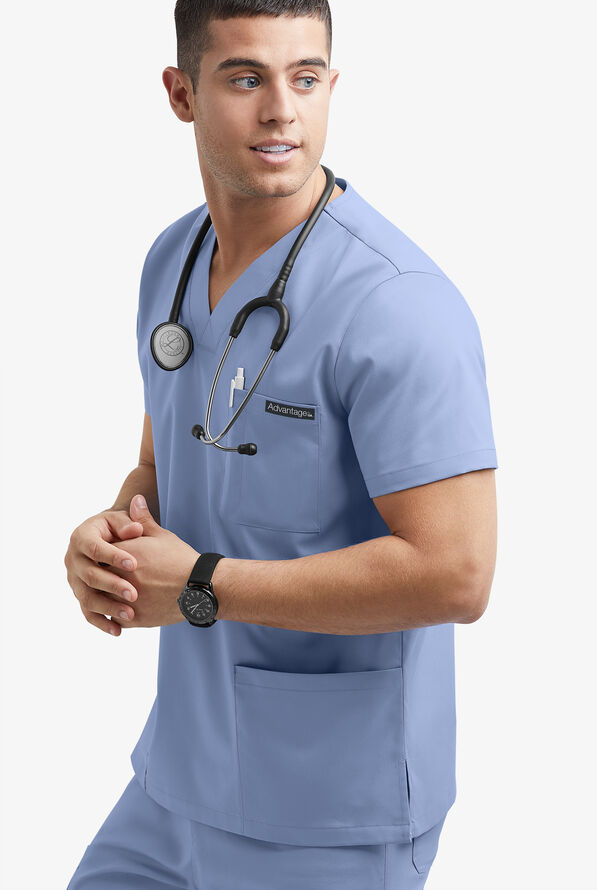 Advantage STRETCH Men's 6-Pocket V-Neck Scrub Top - Ceil Blue - 2