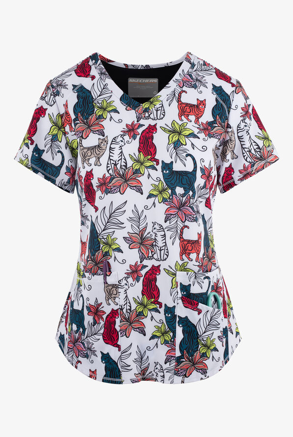 Skechers Tropical Kitty Women's 3-Pocket STRETCH V-Neck Print Scrub Top - null - 1