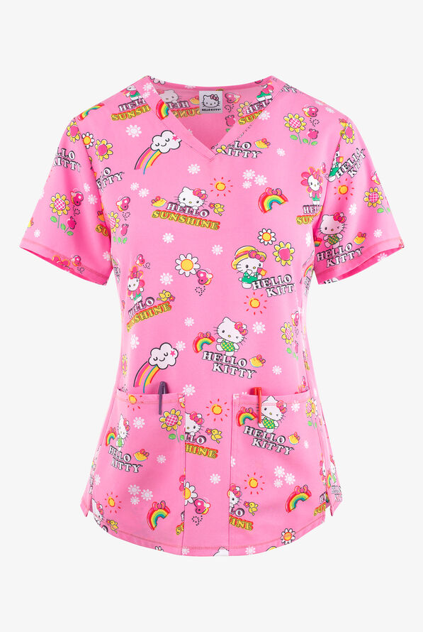 Tooniforms Hello Kitty Sunshine Women's 2-Pocket STRETCH V-Neck Print Top - null - 1