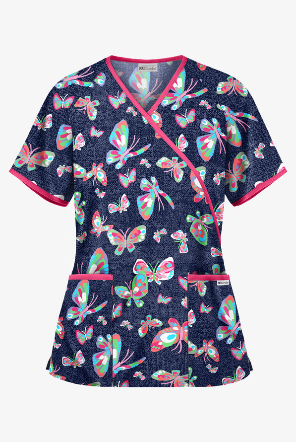UA Butterfly Dance Navy Women's 2-Pocket Mock Wrap Print Scrub Top - null - 1