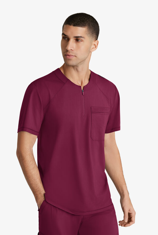 Skechers by Barco Slip-ins Flex Men's 1-Pocket STRETCH Tuck In Zipper Round Neck Scrub Top - Wine - 2