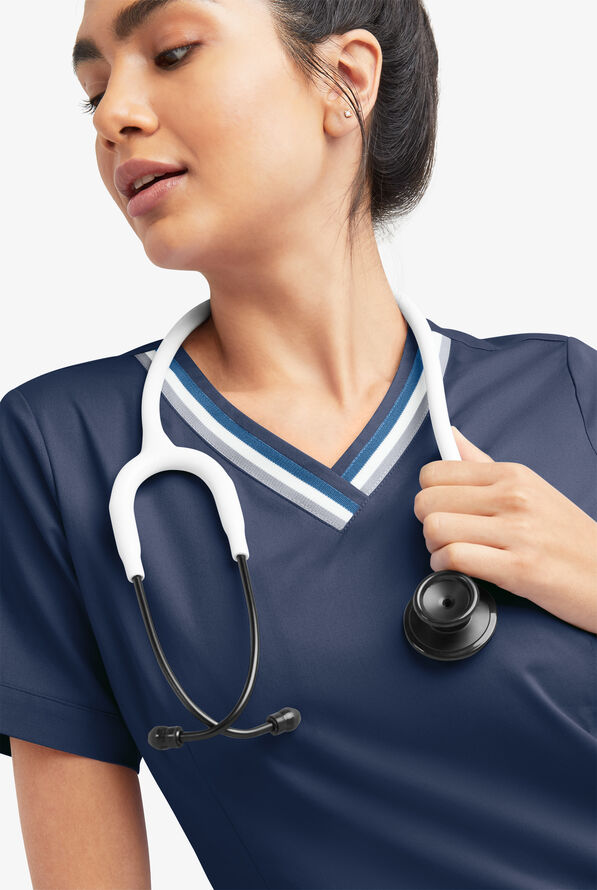 Butter-Soft STRETCH Women's 5-Pocket Short Sleeve V-Neck with Sport Trim Detail Scrub Top - Navy - 5